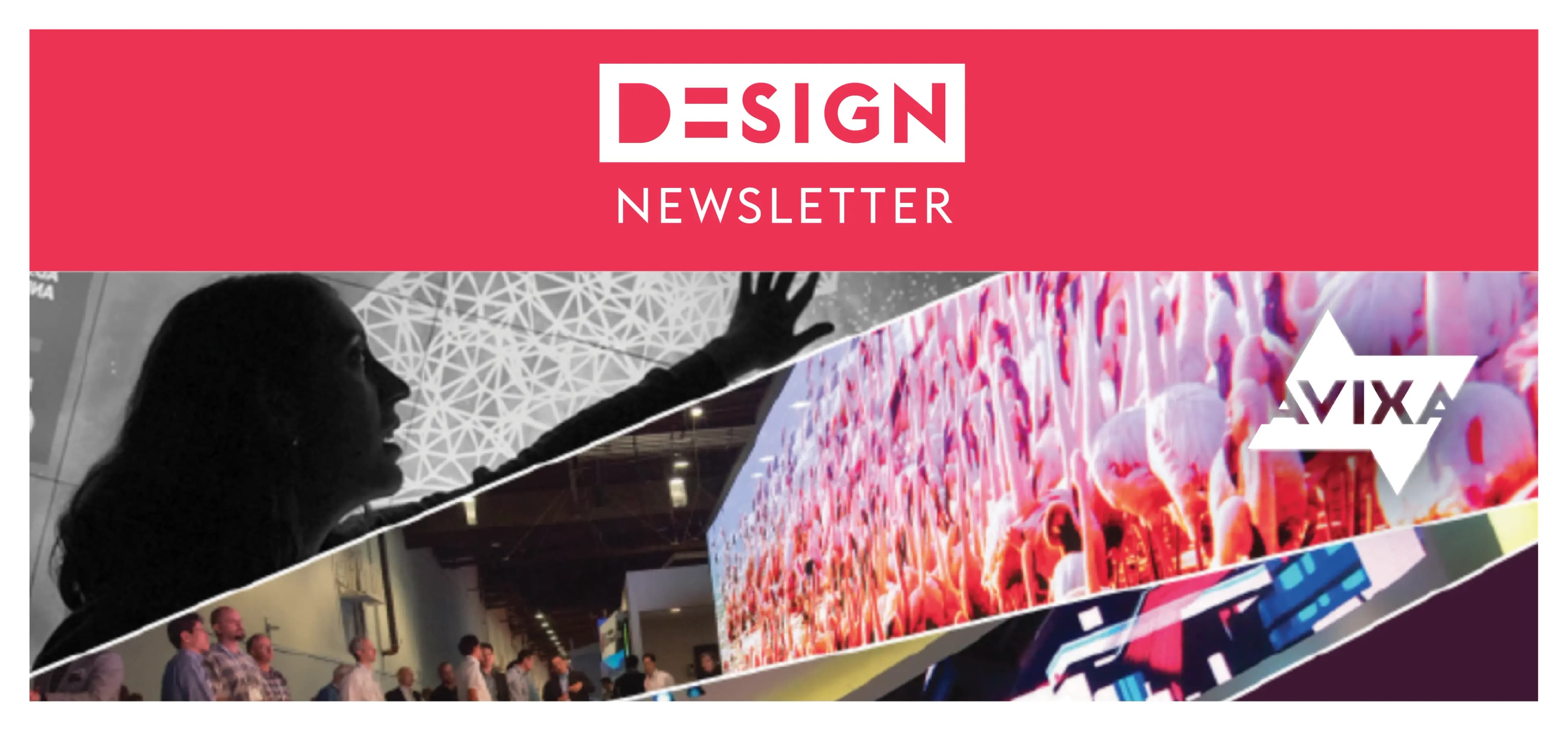 A collage with "Design Newsletter" text, showcasing creative designs and technology, featuring silhouettes and vibrant digital displays.