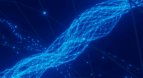Abstract digital wave of bright blue interconnected lines and dots on a dark background, resembling a network or data stream.