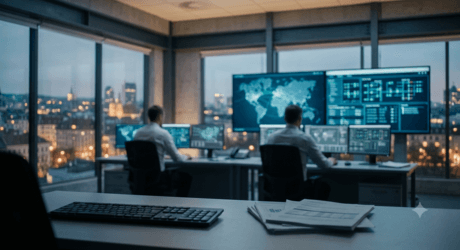 Two people in a modern control room with multiple screens displaying maps and data, overlooking a cityscape through large windows.