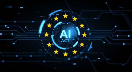 Digital graphic depicting "AI Act" encircled by EU stars, with circuit board-like lines on a dark background.