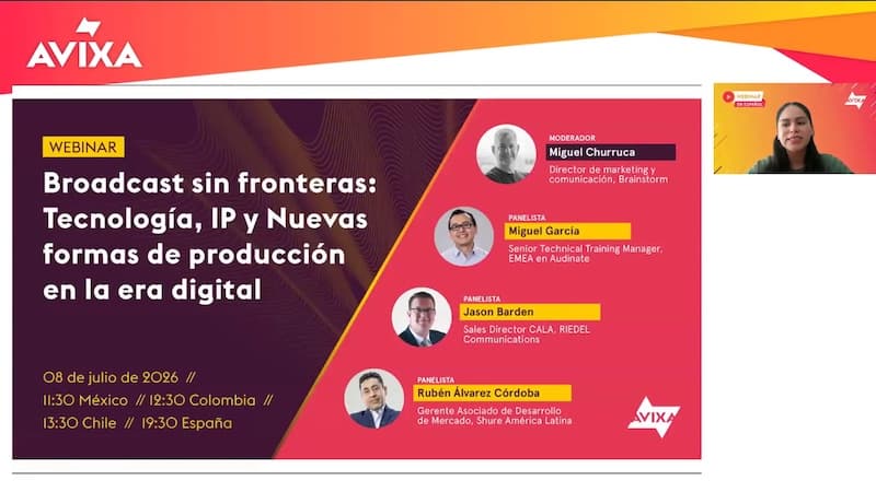 Webinar announcement with photos and details of the moderator and panelists, discussing digital broadcasting technology on July 8, 2026.