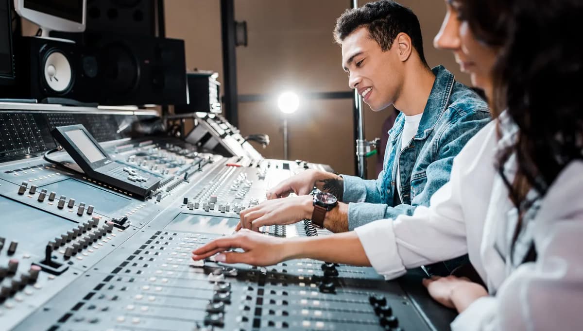 Two people working in a recording studio, adjusting knobs and sliders on a large audio mixing console.