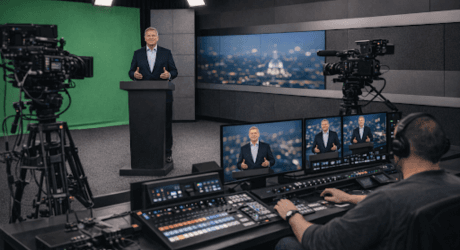 A man speaks at a podium in a TV studio with green screen and cameras, as a technician monitors broadcasts on multiple screens.