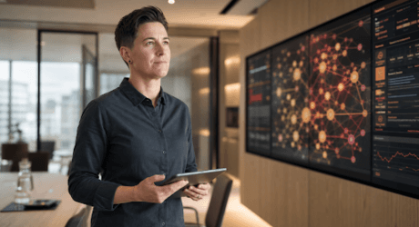 Person holding a tablet in a modern office, standing in front of large digital screens displaying complex data visualizations.