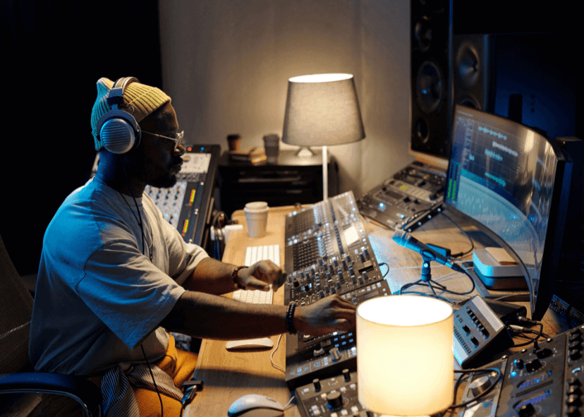 Man sitting at mixing console in studio